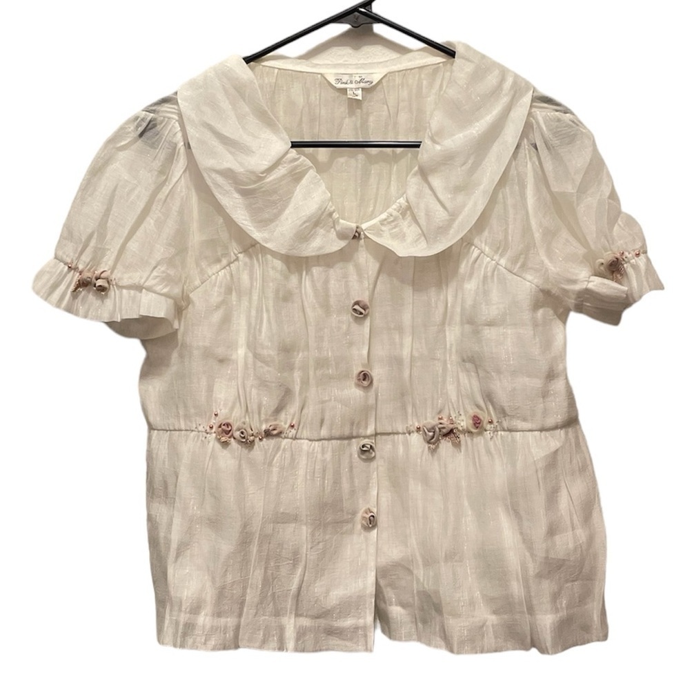 Pink Mary Cottagecore Rose Detail Button Up Blouse Women’s Size Large